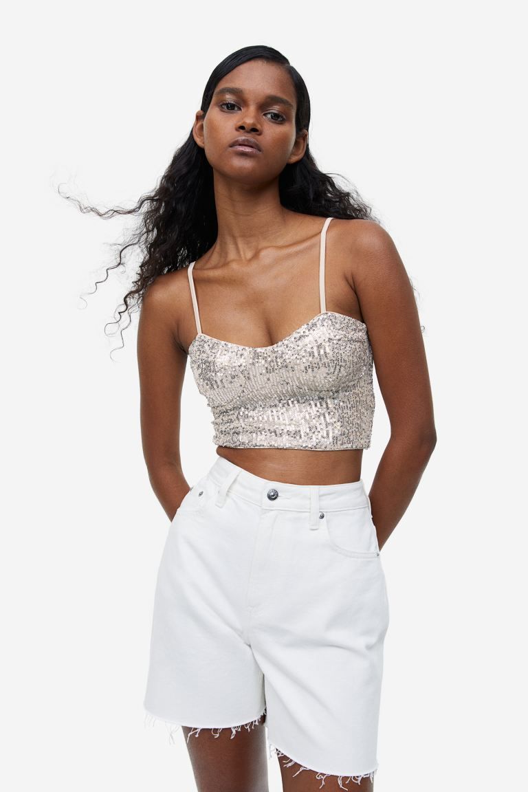 Sequined Corset-style Top - Light beige/silver-colored - Ladies | H&M US | H&M (US)
