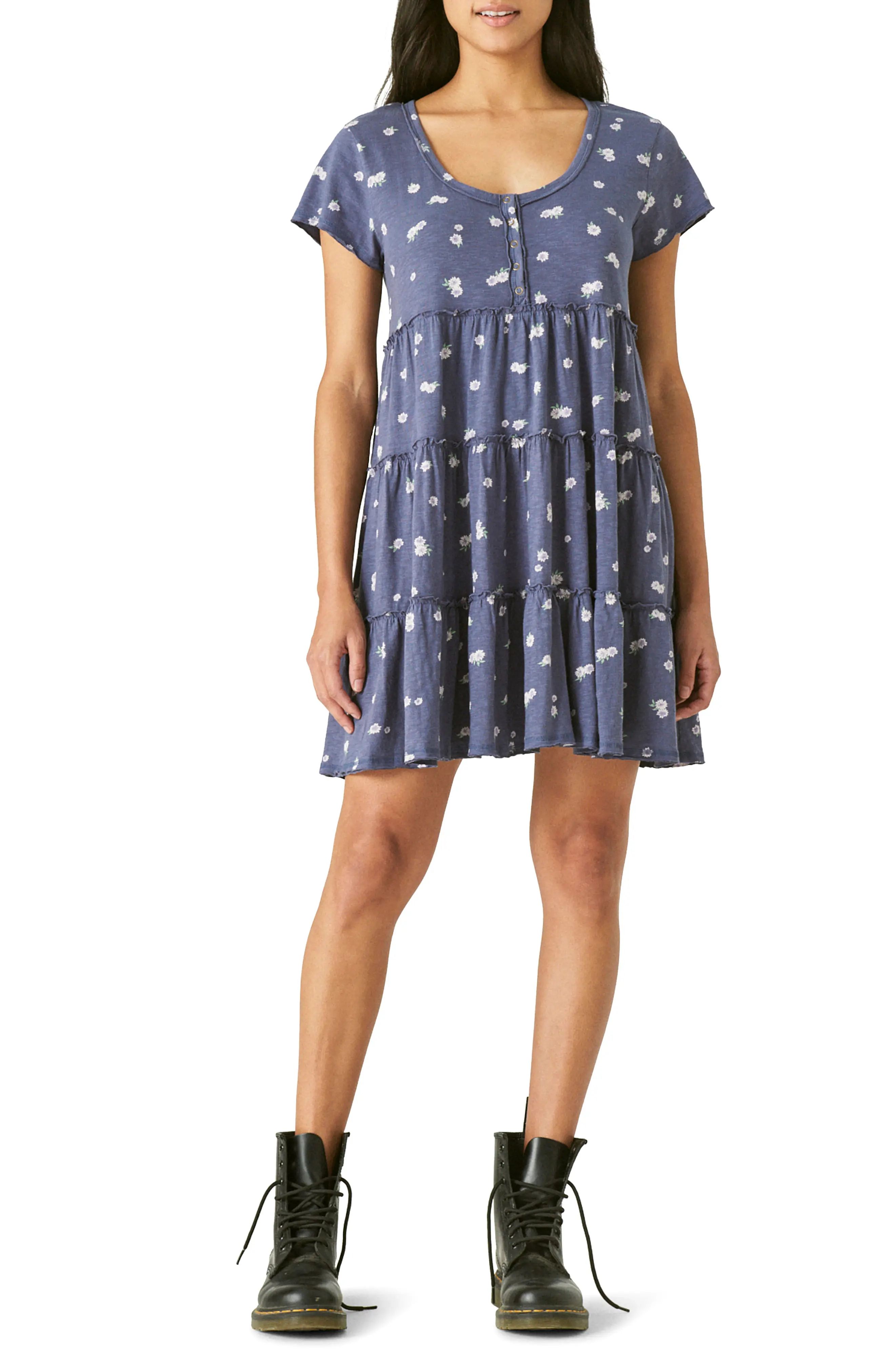 Lucky Brand Tiered T-Shirt Dress in Blue Multi at Nordstrom, Size X-Small | Nordstrom