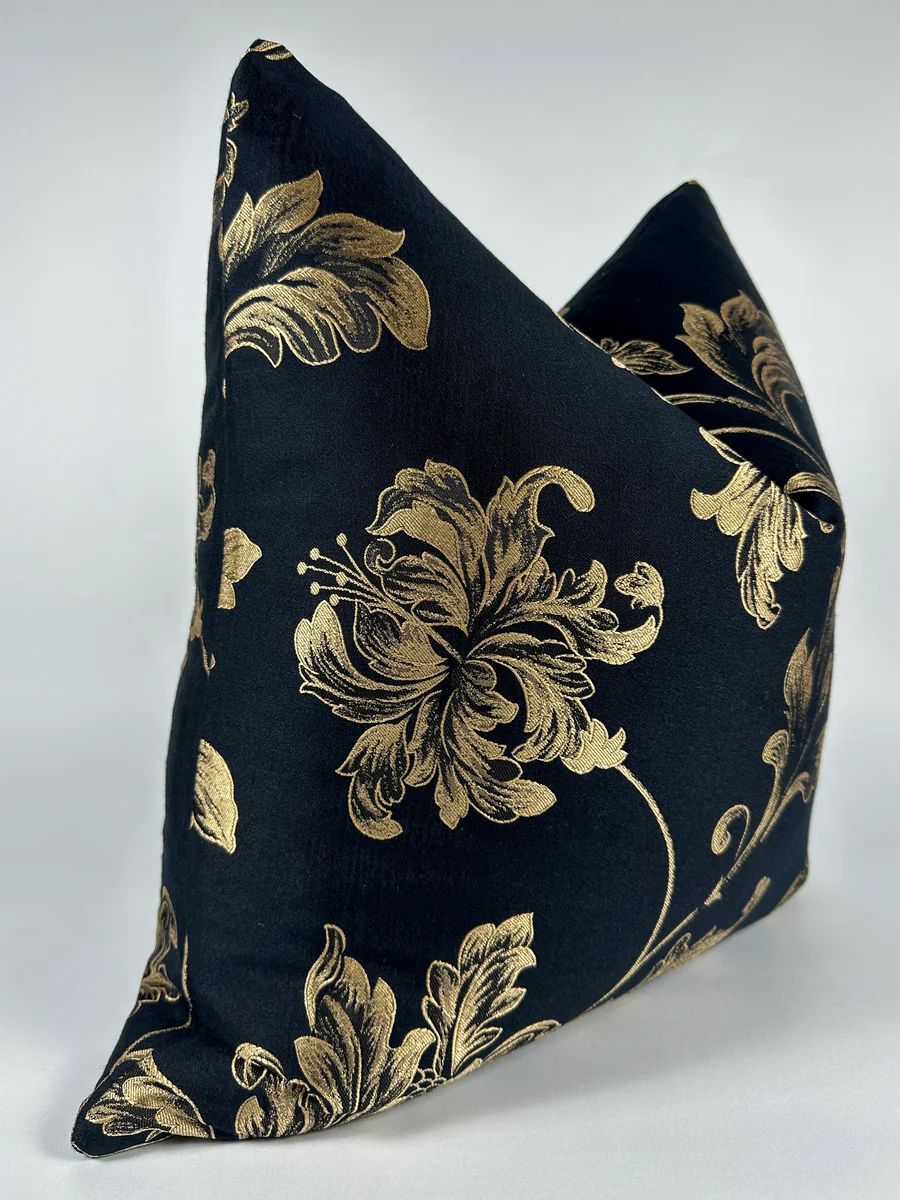 Black and Gold Cattleya decorative throw pillows hand sewn invisible zipper designer fabric, inte... | Love Ravin Collection