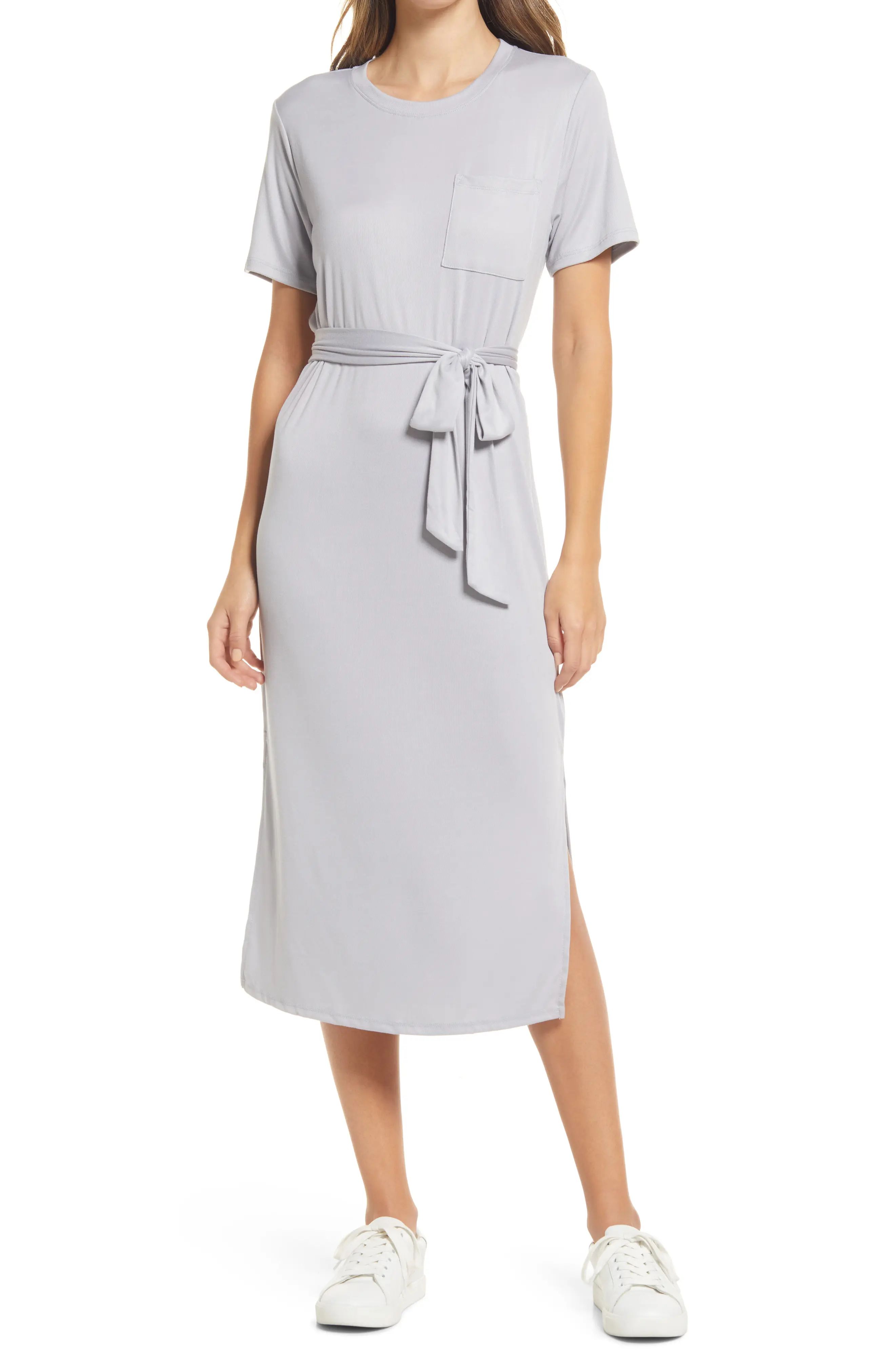 GIBSONLOOK Belted Pocket T-Shirt Dress in Silver Blue at Nordstrom, Size Medium | Nordstrom