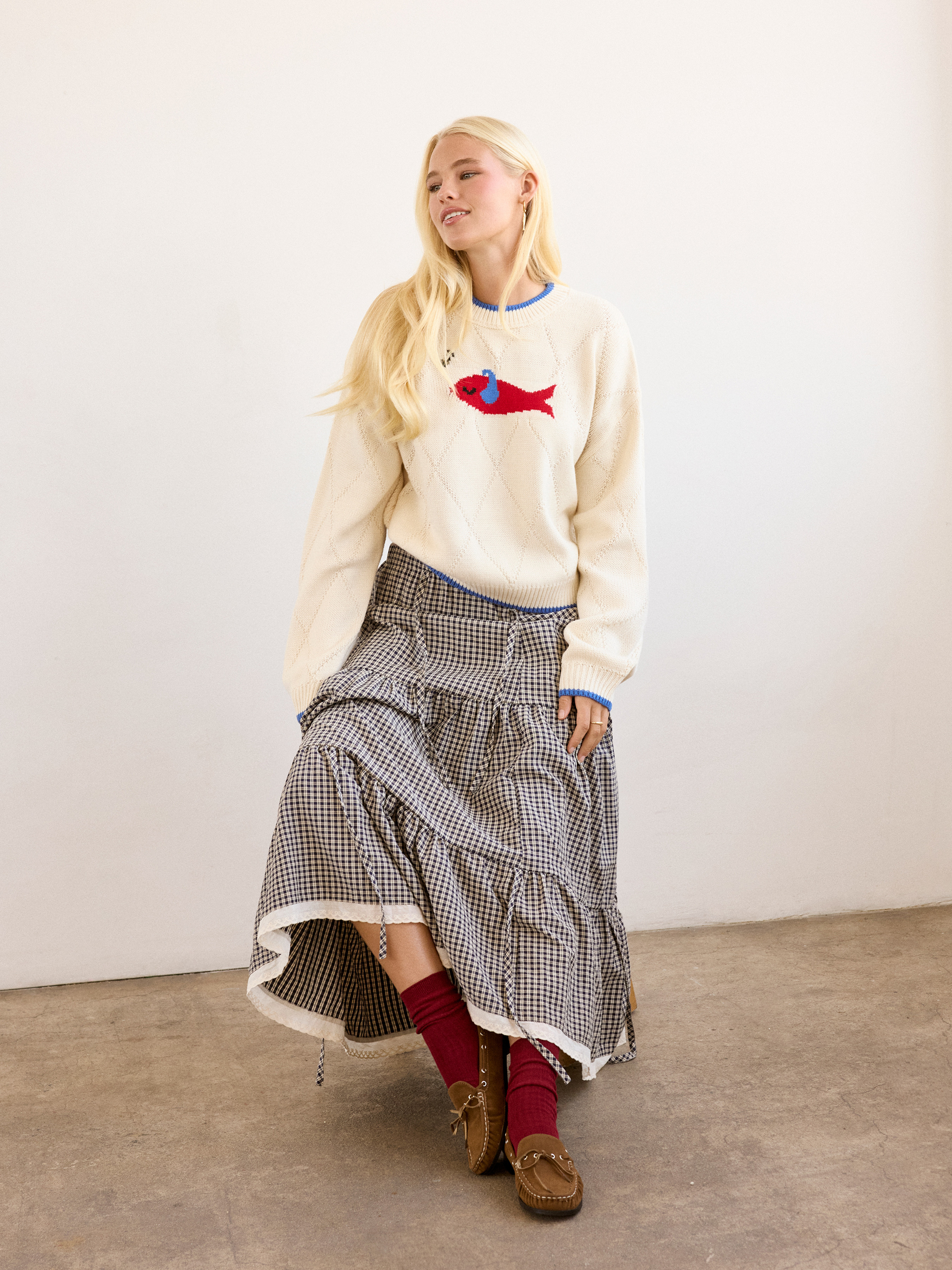 Knit Fabric Knit Round Neckline Fish Graphic Contrasting Binding Oversized Top For Daily Casual | Cider