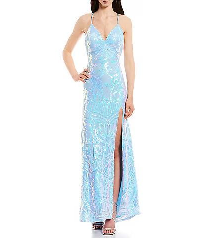 Pattern Sequin Front Slit Strappy Back Long Dress | Dillard's