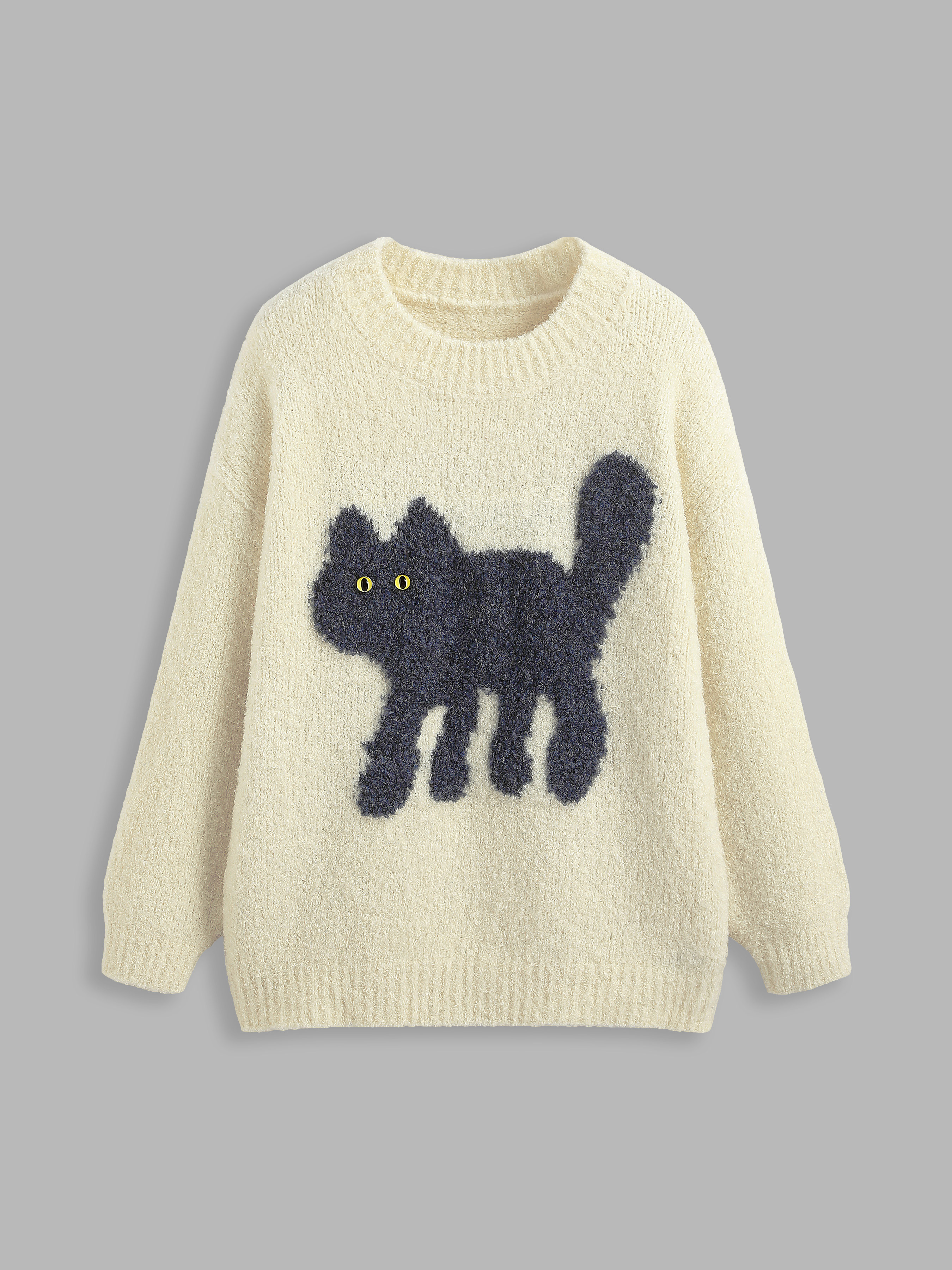Fall Sweater Knit Fabric Wool-blend Round Neckline Cat Knitted Long Sleeve Sweater For School Dai... | Cider
