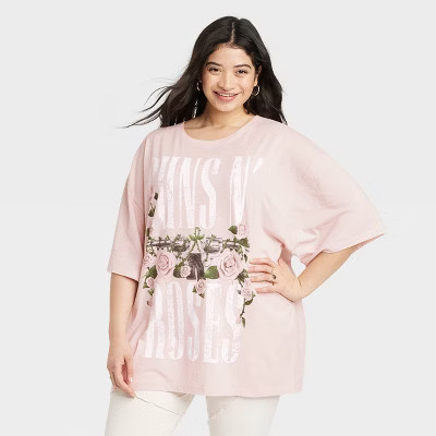 Women's Guns N' Roses Short Sleeve Oversized Graphic T-Shirt Dress - Blush 1X/2X | Target