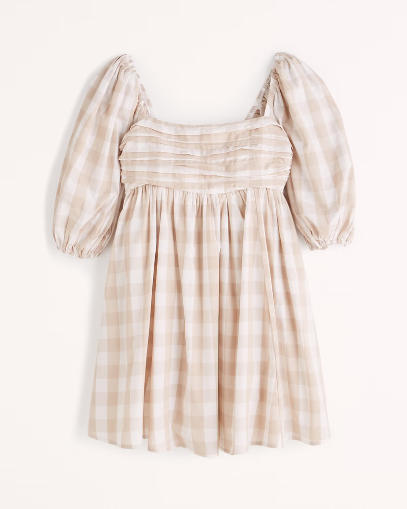 Abercrombie & Fitch Women's Ruched Bodice Puff Sleeve Mini Dress in Light Brown Check - Size XS TLL | Abercrombie & Fitch (US)