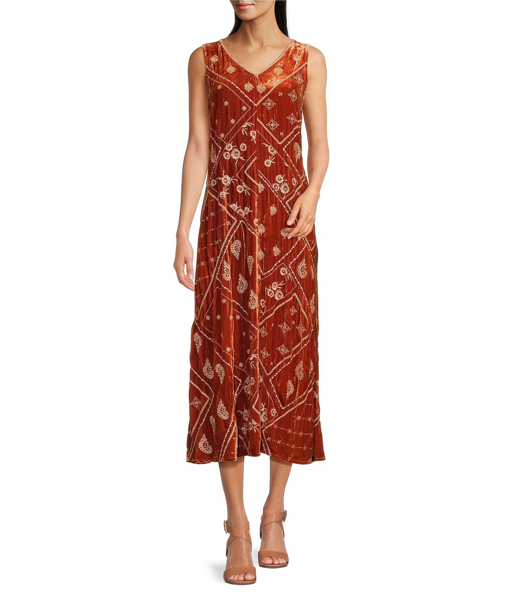 Devi Paisley Geo Embroidered Velvet V-Neck Sleeveless A-Line Midi Dress | Dillard's