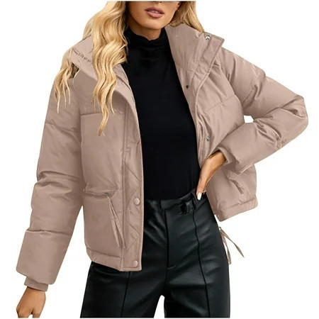 UYISJ Womens Puffer Jacket Full Zip Quilted Hooded Bubble Coats Padded Jacket Long Sleeve Winter Warm Coat with Pocket Khaki L | Walmart (US)
