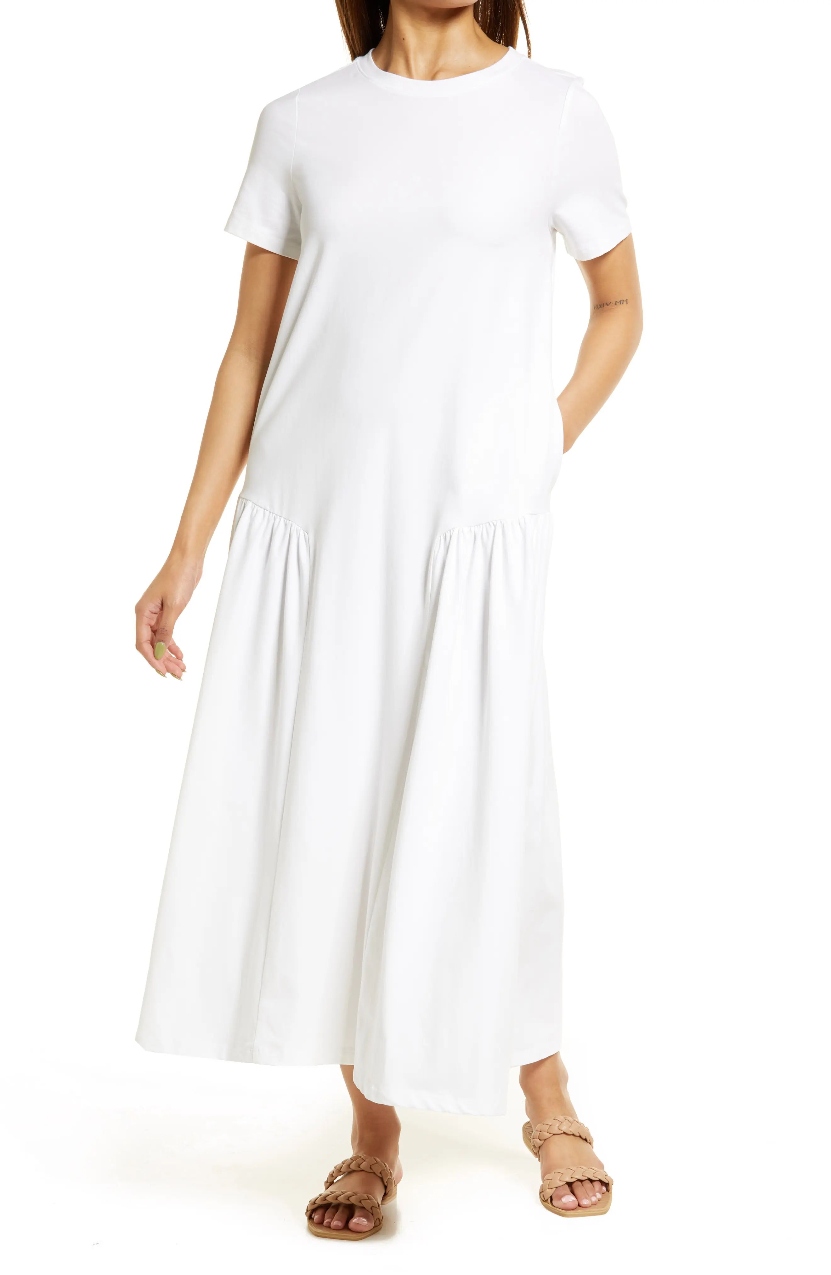 Nordstrom Gathered Stretch Cotton T-Shirt Dress in White at Nordstrom, Size X-Large | Nordstrom