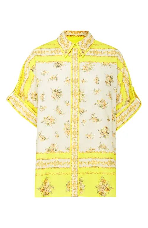ALEMAIS Catalina Floral Border Print Cotton & Linen Shirt in Lemon at Nordstrom, Size 0 Us | Nordstrom