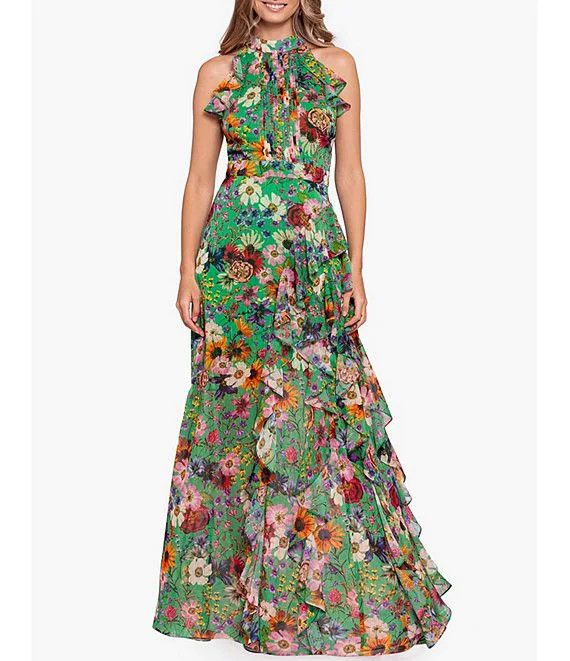 Halter Neck Sleeveless Ruffle Front Floral Chiffon Dress | Dillard's