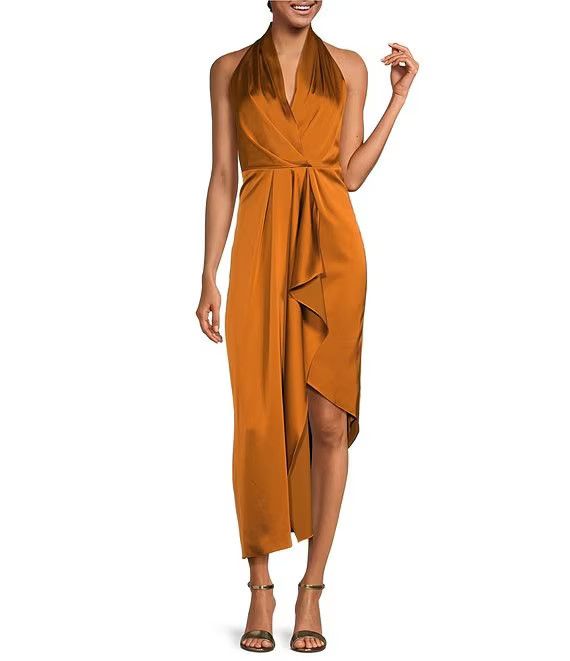 Hazel Surplice V-Neck Sleeveless Satin Asymmetrical Hemline Midi Dress | Dillard's