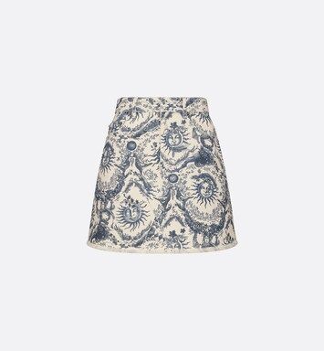 Miniskirt White and Navy Blue Toile de Jouy Soleil Cotton Denim | DIOR | Dior Couture